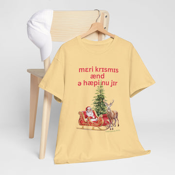 Merry Christmas and a Happy New Year Santa Sleigh and Tree Unisex Tee, Speech Therapist Gift, International Phonetic Alphabet Text Shirt Holiday Cheer Apparel, SLP Present Shirt