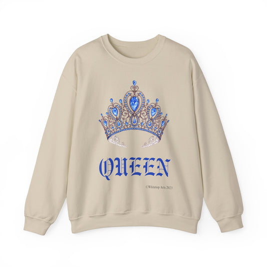 QUEEN Crewneck Sweatshirt Grey with Blue Crown and Lettering Whitetop Arts