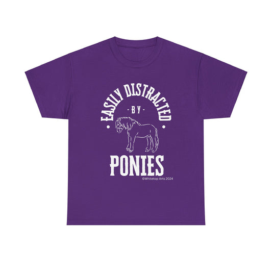 Easily Distracted By Ponies Comfy Cotton Tee Shirt (White on Dark) Whitetop Arts