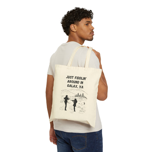 Just Fiddlin' Around in Galax, VA Cotton Canvas Tote Bag Fiddles Mountains  by Whitetop Arts