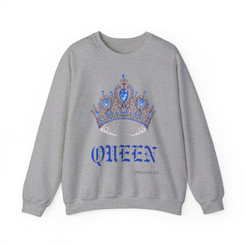 QUEEN Crewneck Sweatshirt Grey with Blue Crown and Lettering Whitetop Arts