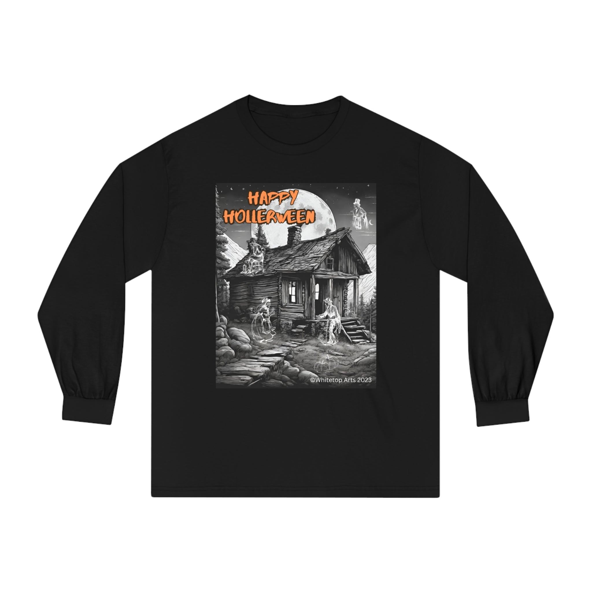 Happy Hollerween Unisex Long Sleeve Cotton T-Shirt Halloween/Fall Mountains Design American Apparel® 1304 Tee Whitetop Arts