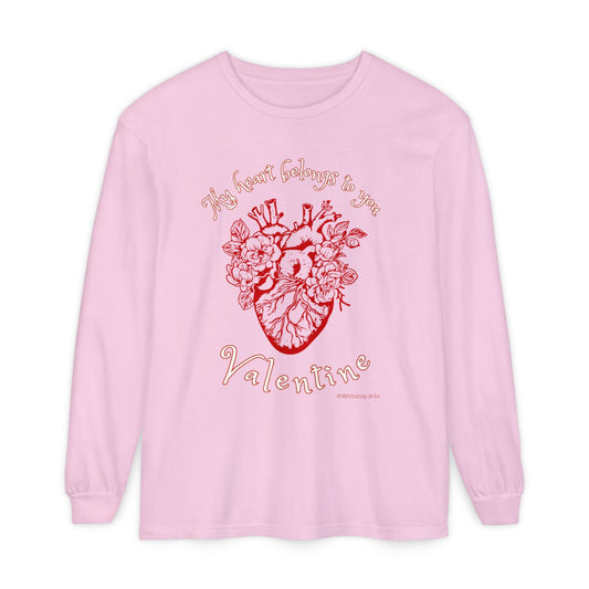 My Heart Belongs To You Valentine Unisex Garment-dyed Long Sleeve T-Shirt Graphic Realistic Heart with Flowers Soft Tee Valentine's Day Gift