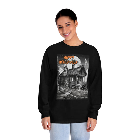 Happy Hollerween Unisex Long Sleeve Cotton T-Shirt Halloween/Fall Mountains Design American Apparel® 1304 Tee Whitetop Arts