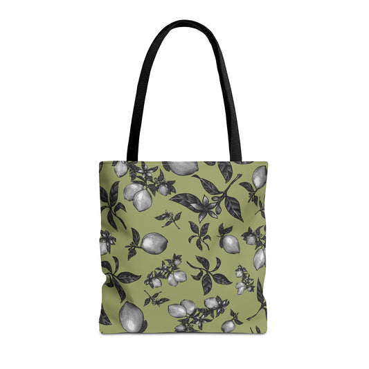 Lemons All Over Olive Green Tote Bag In Two Sizes Whitetop Arts