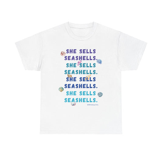 She Sells Seashells Tongue Twister Short Sleeve Tee Shirt, Speech, Language, ESL, Gift for SLP, Teacher Present, Beach Wear, Swim Shirt