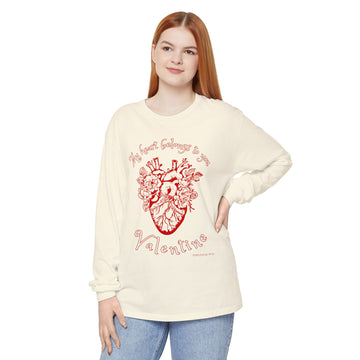 My Heart Belongs To You Valentine Unisex Garment-dyed Long Sleeve T-Shirt Graphic Realistic Heart with Flowers Soft Tee Valentine's Day Gift
