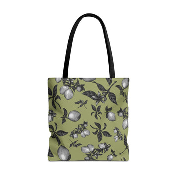 Lemons All Over Olive Green Tote Bag In Two Sizes Whitetop Arts