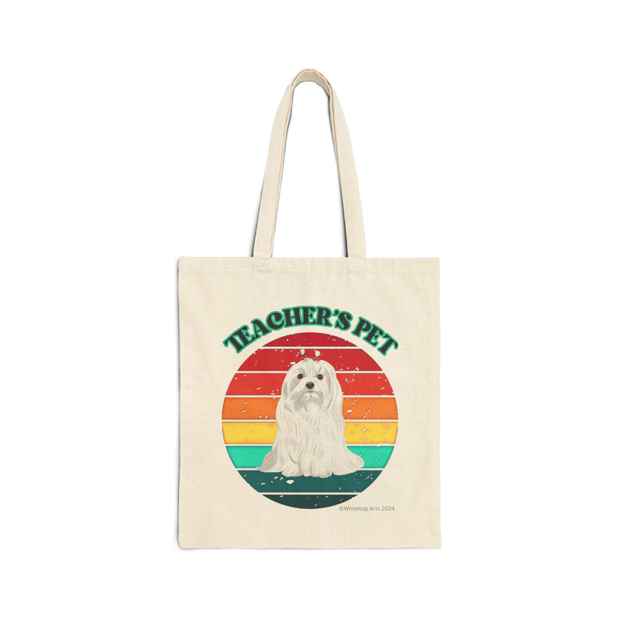 Teacher's Pet Maltese Cotton Canvas Tote Bag 15" x 16" Reusable Original Design by Whitetop Arts