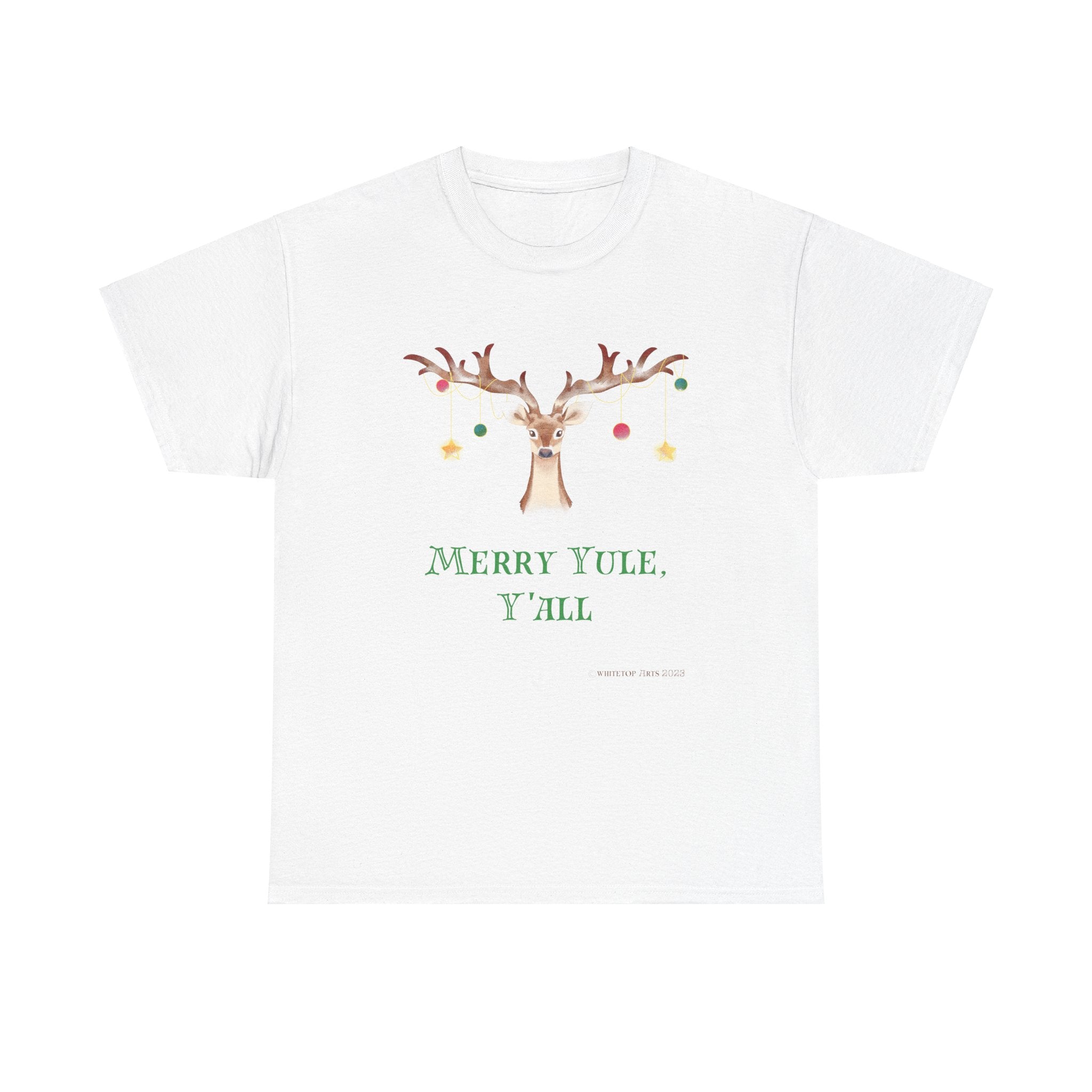 Merry Yule, Y'All Santa's Reindeer Christmas Holiday Unisex Short Sleeve Cotton Tee Shirt