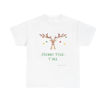 Merry Yule, Y'All Santa's Reindeer Christmas Holiday Unisex Short Sleeve Cotton Tee Shirt