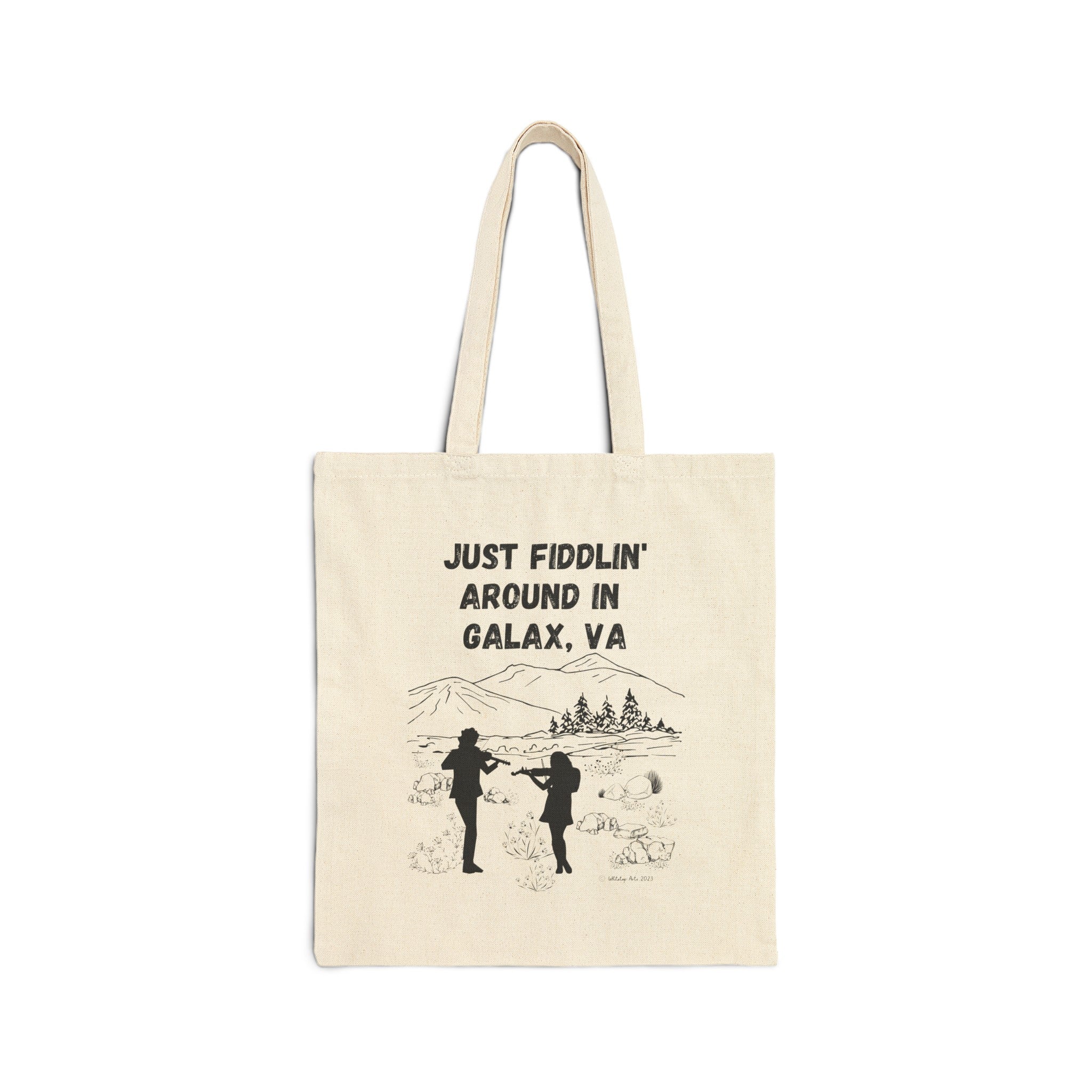 Just Fiddlin' Around in Galax, VA Cotton Canvas Tote Bag Fiddles Mountains  by Whitetop Arts