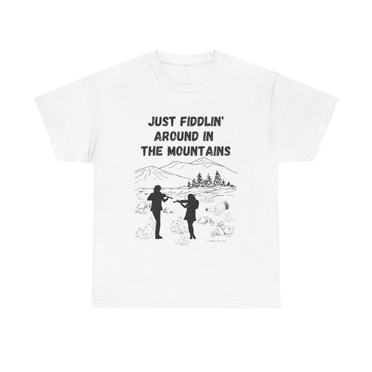 Just Fiddlin' Around in the Mountains Fiddle Players Unisex Short Sleeve Cotton Tee Shirt Whitetop Arts