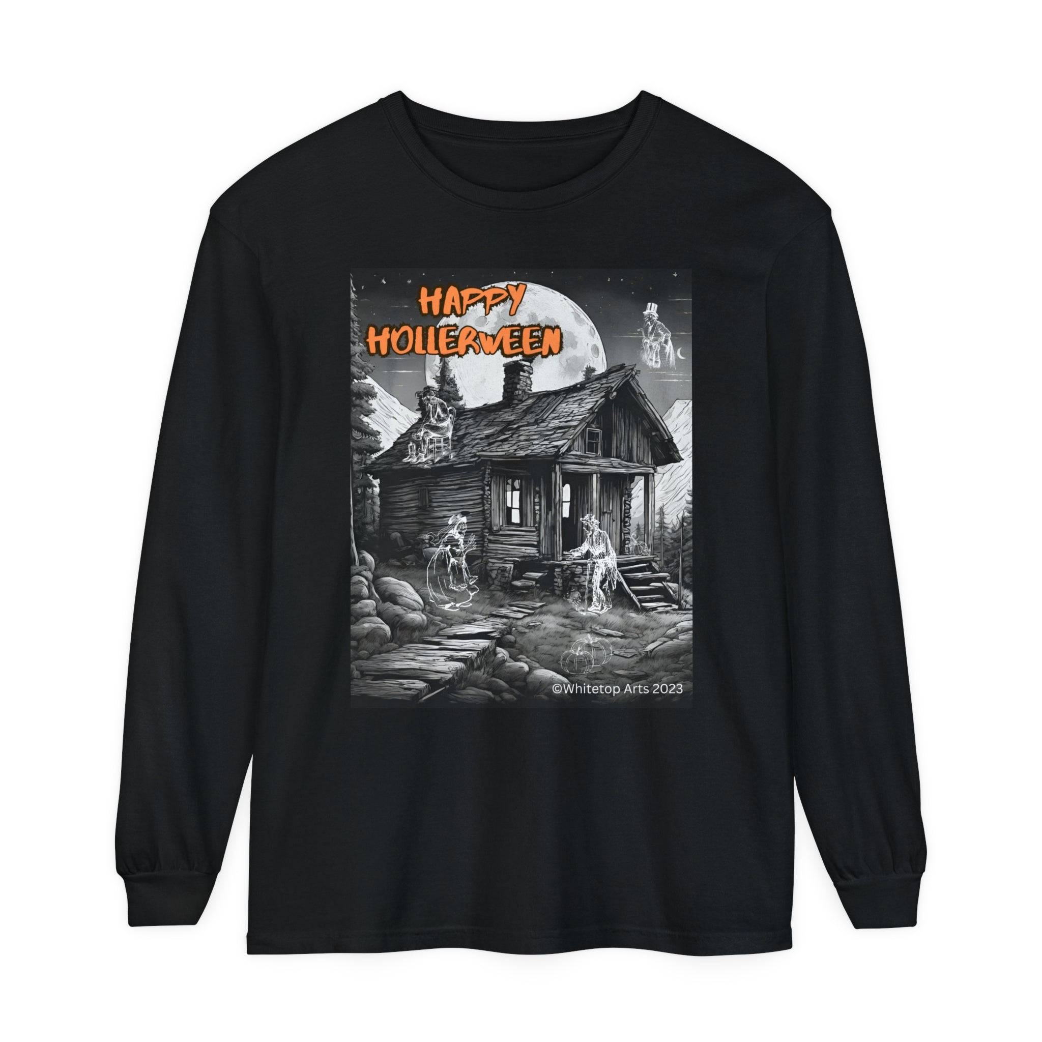 Happy Hollerween Unisex Long Sleeve Cotton T-Shirt Halloween/Fall Mountains Design on a Comfort Colors® 6014 Tee Whitetop Arts