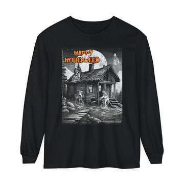 Happy Hollerween Unisex Long Sleeve Cotton T-Shirt Halloween/Fall Mountains Design on a Comfort Colors® 6014 Tee Whitetop Arts