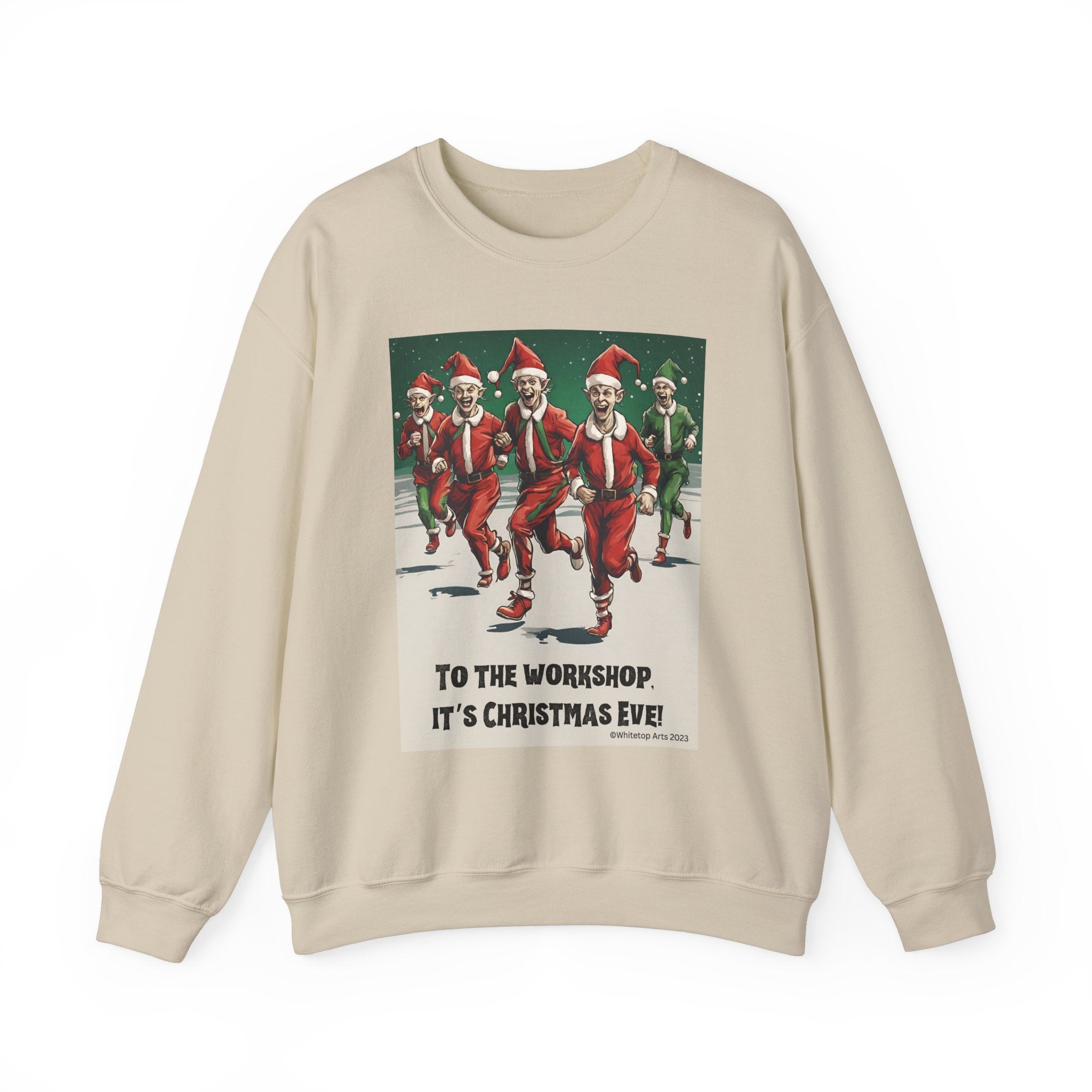 To the Workshop, It's Christmas Eve! Scary Elves Unisex Heavy Weight Crewneck Sweatshirt Festive, Holidays, Dark Humor