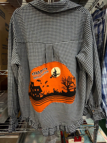 Halloween Ruffled Black White Shirt Back Applique Witch