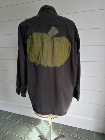 Fall Black Long Sleeved Cotton Shirt Hand Crafted Green Pumpkin Applique Repurposed Textiles