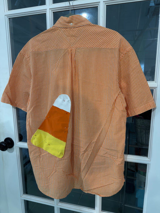 Halloween Shirt Repuposed Textiles Candy Corn Short Sleeve Cotton Textile Art Upcycled Garment