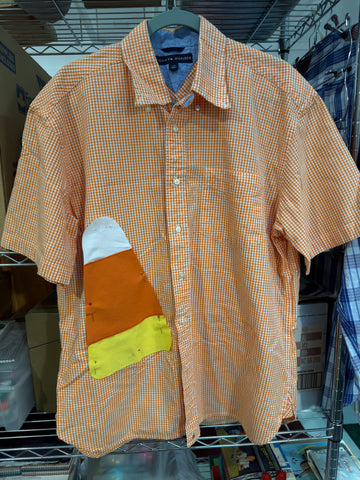Halloween Shirt Repuposed Textiles Candy Corn Short Sleeve Cotton Textile Art Upcycled Garment