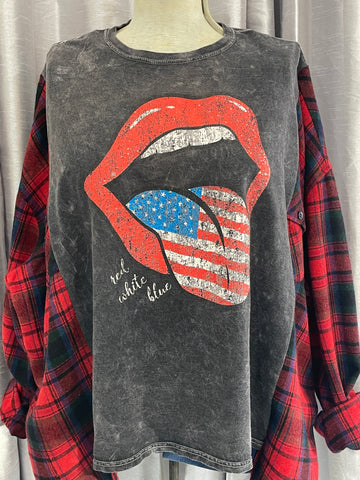 Red White Blue Mouth Flag Design Tee +  Wool Blend Long Sleeves Shirt Upcycle