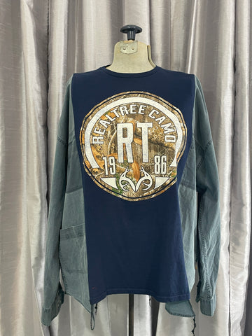 RealTree Camo 1989 Logo Tee Shirt + Blue Heavy Cotton Long Sleeves Upcycle