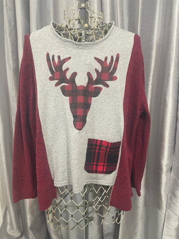 Reindeer Black and Red Buffalo Check on Grey Tee + Sweater Sleeves