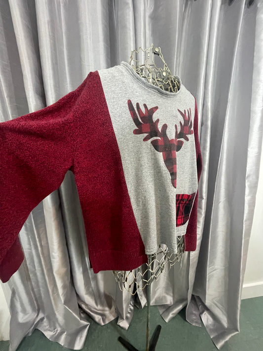 Reindeer Black and Red Buffalo Check on Grey Tee + Sweater Sleeves