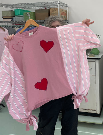 Hearts Beach Crab Pink/Red/White/Blue Cotton Shirt + Tee Upcycled Garment Short Sleeves
