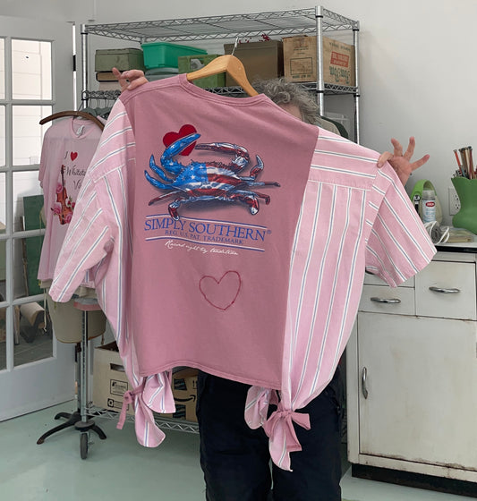 Hearts Beach Crab Pink/Red/White/Blue Cotton Shirt + Tee Upcycled Garment Short Sleeves