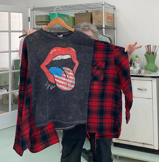 Red White Blue Mouth Flag Design Tee +  Wool Blend Long Sleeves Shirt Upcycle
