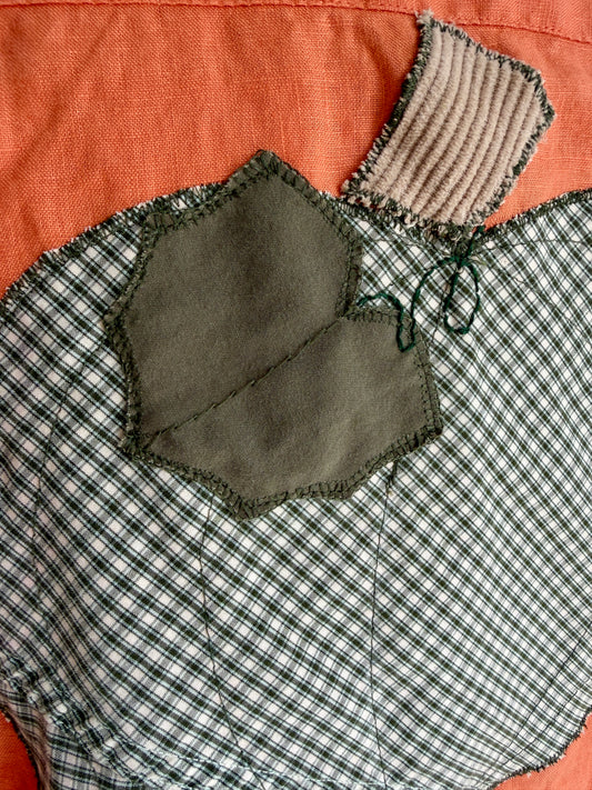 Fall Shirt Orange Linen with Hand Crafted Green Pumpkin Applique Repurposed Textiles