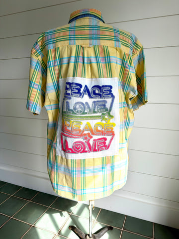 Peace and Love Short Sleeve Shirt Back Applique OOAK Garment Repurposed Textiles