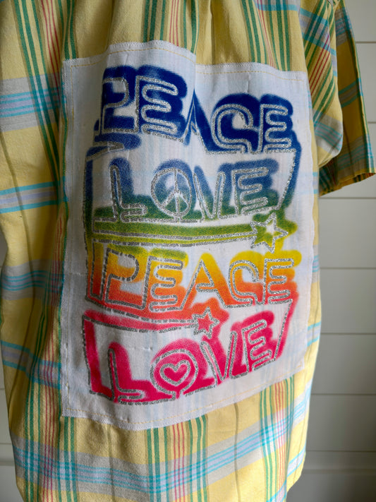 Peace and Love Short Sleeve Shirt Back Applique OOAK Garment Repurposed Textiles