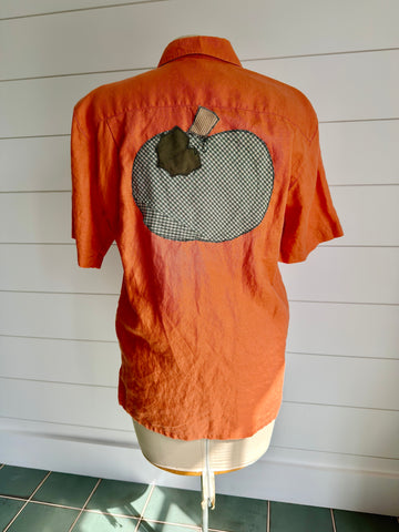 Fall Shirt Orange Linen with Hand Crafted Green Pumpkin Applique Repurposed Textiles