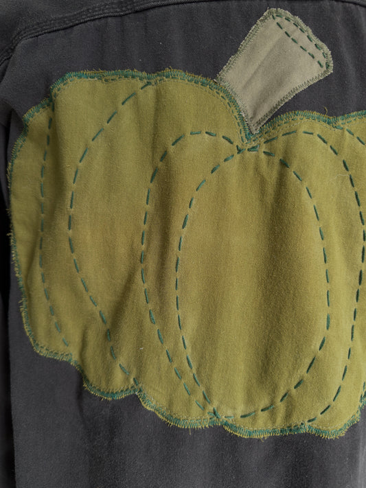 Fall Black Long Sleeved Cotton Shirt Hand Crafted Green Pumpkin Applique Repurposed Textiles